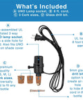 Plug N Play Bottle Lamp Kit includes socket, black cord, 3 corks, and 9mm drill bit for wine and liquor bottles.