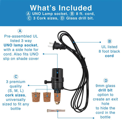 Plug N Play Bottle Lamp Kit includes socket, black cord, 3 corks, and 9mm drill bit for wine and liquor bottles.