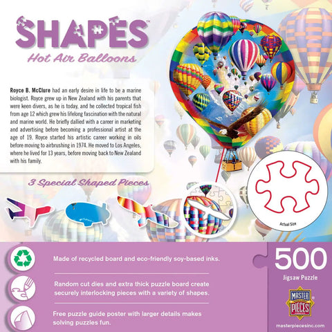 500 Piece Shaped Jigsaw Puzzle Hot Air Balloons For Adults Family And Youth Large 19.09 By 24.26 Inches box cover