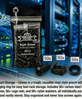 Heavy Duty M6 X 16 Rack Mount Screws Paired With Carbon Steel Cage Nuts And Nylon Washers 50 Pack Server Kit in storage pouch.