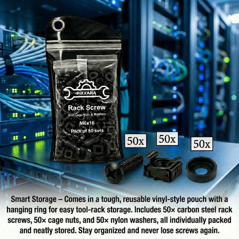 Heavy Duty M6 X 16 Rack Mount Screws Paired With Carbon Steel Cage Nuts And Nylon Washers 50 Pack Server Kit in storage pouch.