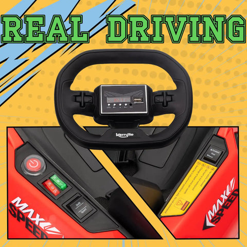 Steering wheel and controls of K61 Electric Go Kart For Kids 6-12, Adjustable Seat, 24V Ride On Toy with 4 Speed Modes, 300W Motor, Red