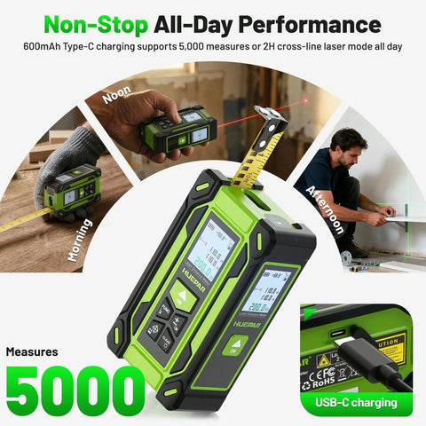 4 In 1 Digital Laser Tape Measure With Dual HD Display, 200 Ft Rechargeable Laser Distance Meter, 33 Ft Green Cross Line Laser, 10 Ft Tape, Handy For Quick Area, Volume, Pythagorean, And Leveling On Indoor Projects. USB-C charging close-up