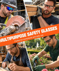 Snag These Heavy Duty 12 Pack Bulk Protective Eyewear For Men And Women Straight Up Certified Ansi Z87 Specs With Uv Defense And Scratch Proof Wrap Frames Built Tough For Job Sites And Diy Adventures showing various angles and uses.