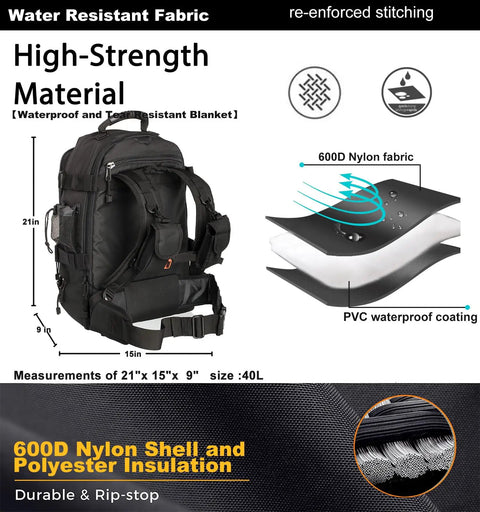 Heavy Duty Tactical Backpack For Men Waterproof Military Style Daypack With MOLLE System For Hiking Camping Travel Bug Out Bag 3 Day Pack Black Durable Gear Carrier showing water-resistant nylon material and size dimensions.