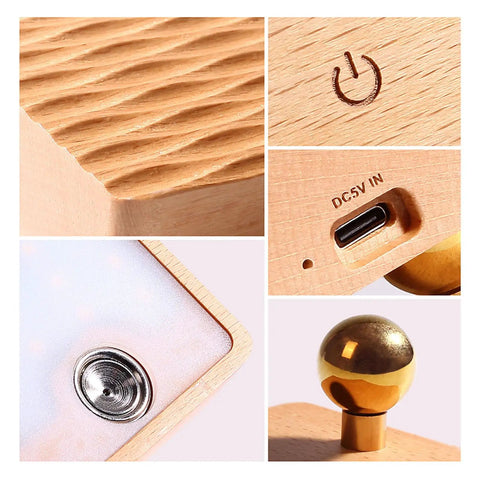 Close-up of Wooden Magnetic Wall Sconce Night Light With Gravity Sensor showing USB port, power button, and wooden details