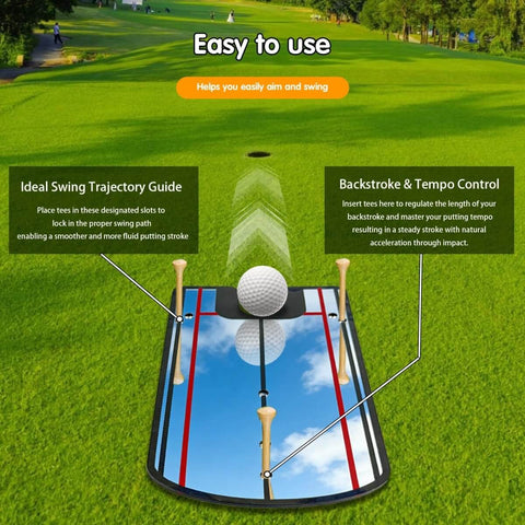 Golf putting mirror alignment training aid on green, with tees and ball for swing trajectory and tempo control indoors or outdoors.