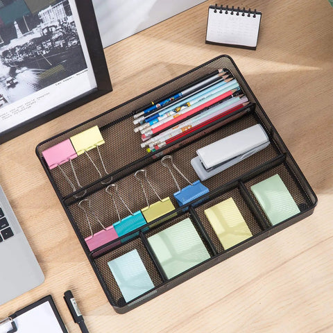 Durable Metal Mesh Desk Organizer With Six Compartments Anti Slip Pen Holder Storage Tray For Office Supplies And Home Use Black Finish