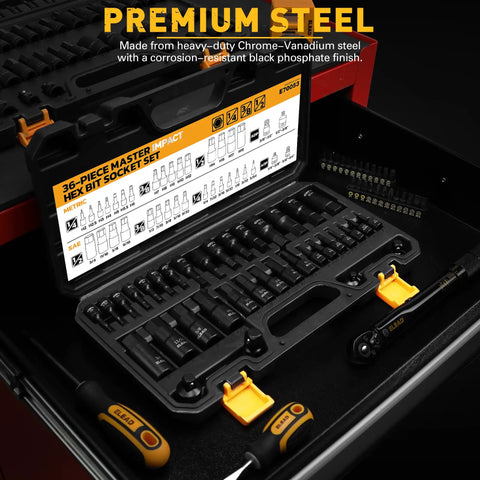 Impact Hex Socket Set 36-Piece With Adapters in open reinforced case, showcasing heavy-duty CR-V steel sockets for SAE and metric use.