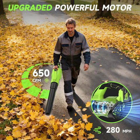 Man using Cordless Leaf Blower With Dual 5.2Ah Batteries And Charger 650 CFM Electric Blower on pathway surrounded by autumn leaves