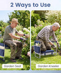 Two In One Garden Kneeler And Seat Grab And Go Foldable With Extra Wide EVA Kneeling Pad Detachable Tool Pouch Heavy Duty Steel Frame Portable Stool For Seniors And Adults shown as seat and kneeler in garden setting.