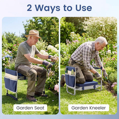 Two In One Garden Kneeler And Seat Grab And Go Foldable With Extra Wide EVA Kneeling Pad Detachable Tool Pouch Heavy Duty Steel Frame Portable Stool For Seniors And Adults shown as seat and kneeler in garden setting.
