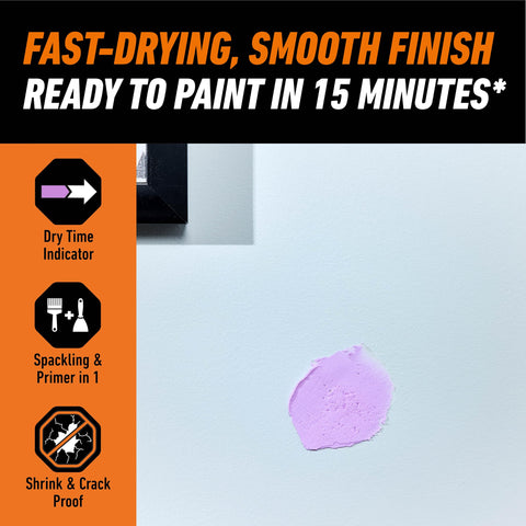 Color Changing Wall Repair Compound 16 Ounce Tub Goes Purple When Applied And Dries White, shown drying on a wall