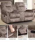 Dual Manual Recliner Loveseat Sofa With Center Console And Hidden Storage, Cup Holders, Vintage Rivet Mid Century Design, 2 Seater Couch For Living Room Or Meeting Space, Cozy Brown Finish