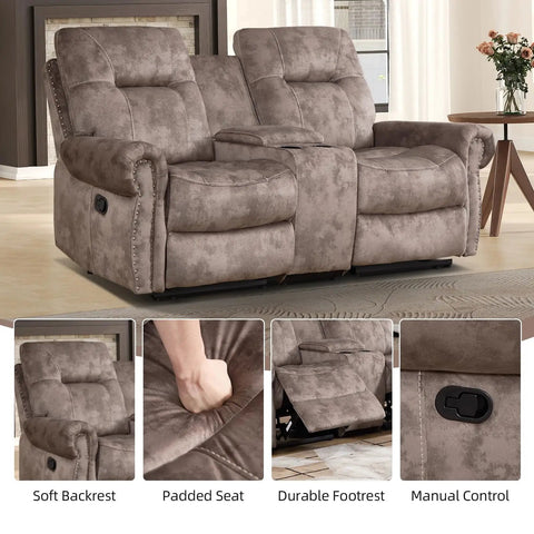 Dual Manual Recliner Loveseat Sofa With Center Console And Hidden Storage, Cup Holders, Vintage Rivet Mid Century Design, 2 Seater Couch For Living Room Or Meeting Space, Cozy Brown Finish