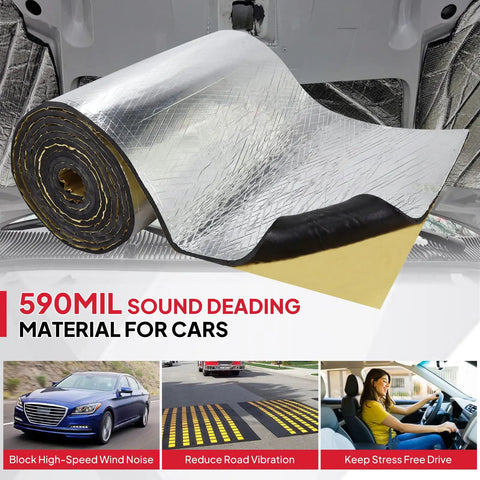 Heavy Duty 590 Mil Sound Deadening Foam Roll 125 X 40 Inches shown rolled out, silver closed cell noise barrier for cars.