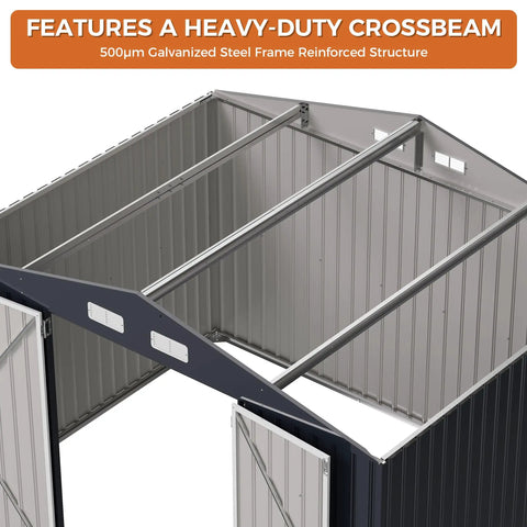 Interior view of Heavy Duty Outdoor Tool Shed With Lockable Doors And Breathable Vent, 10x8 Ft Metal Garden Storage, frame detail.