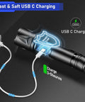 Beast Mode 100000 Lumen Flashlight With Zoom Beam, USB-C charging showing smart chip technology and charging cable.