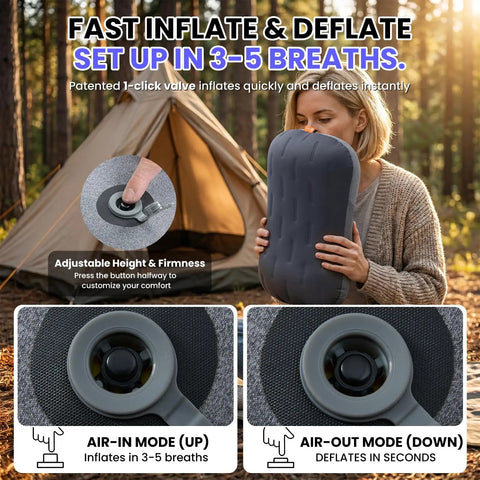 Person inflating Ultralight Camping Pillow With Thick TPU Bladder For No Leak Support Compact Air Pillow for travel