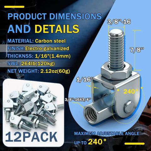 12 Pack 3/8 Inch Swivel Joint Connectors For Threaded Rod Hangers, Adjustable Swivel Attachments, Heavy Duty Strut Channel Hanger Set With 3/8-16 Threads, Go-To For Sprinkler Lines, Electrical Installations, And DIY Projects; carbon steel, 240° adjustability