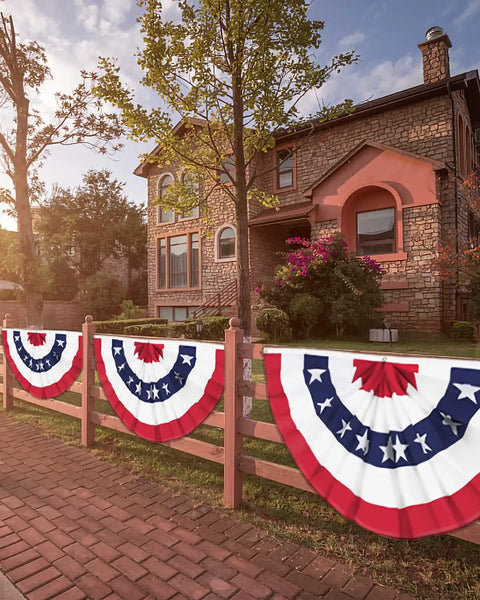 3 Pack Outdoor All American Flag Buntings 1.5x3 Feet on wooden fence by stone house for Memorial Day 4th of July Decor