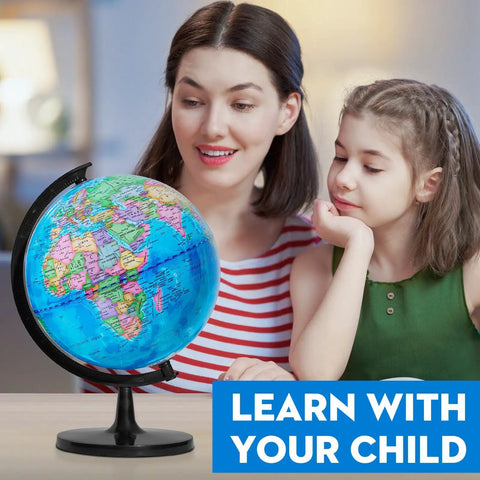 Mother and daughter learning with 10 Inch Kids Globe For Learning, Durable Thick Base, 360 Degree Rotation, Educational Geography Toy.