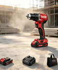 Built Like A Tank 20V Brushless Cordless Drill Driver Pumps Out 90Nm Of Badass Torque with dual batteries on construction site.