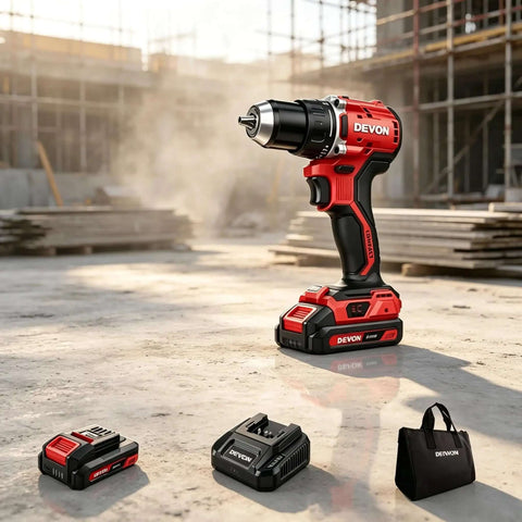 Built Like A Tank 20V Brushless Cordless Drill Driver Pumps Out 90Nm Of Badass Torque with dual batteries on construction site.