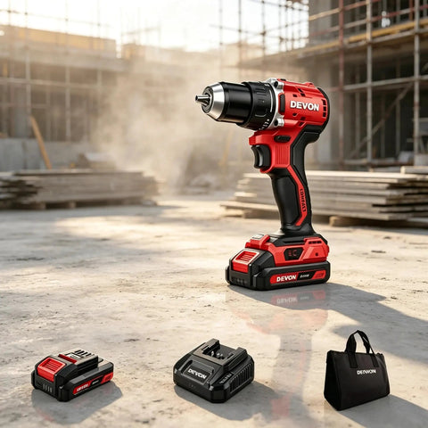 Boss Level 20V Brushless Cordless Drill Driver with batteries and bag, suitable for wood and metal drilling tasks.