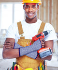 Man wearing Set Of Three Cut Resistant Arm Sleeves Lightweight Thumb Hole Guards For Yard Work, holding a drill.