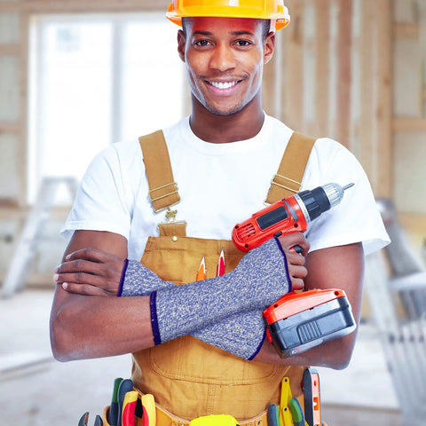 Man wearing Set Of Three Cut Resistant Arm Sleeves Lightweight Thumb Hole Guards For Yard Work, holding a drill.