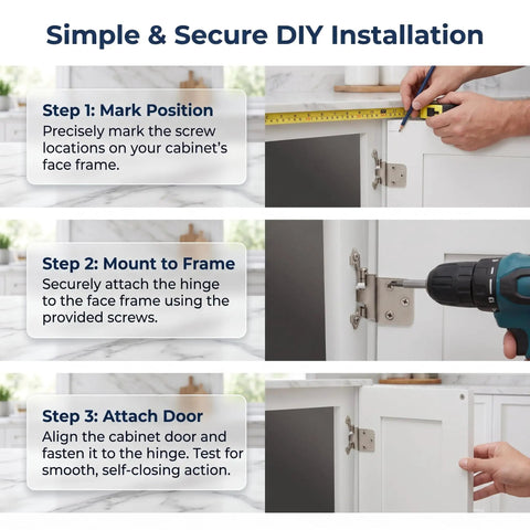 Installation steps for Top Shelf 3 8 Inch Inset Cabinet Hinges Satin Nickel Self Closing Semi Concealed Face Mount Kitchen Hardware.