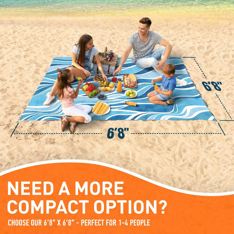 Family enjoying picnic on Waterproof Beach Blanket Sandproof 128 By 108 Inch Big Ol Portable Picnic Mat Fits Up To 10 People