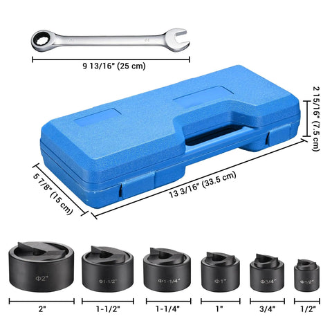 Beefy 6 Ton Manual Knockout Hole Punch Kit with Ratchet Wrench, blue case, and six die set; dimensions displayed