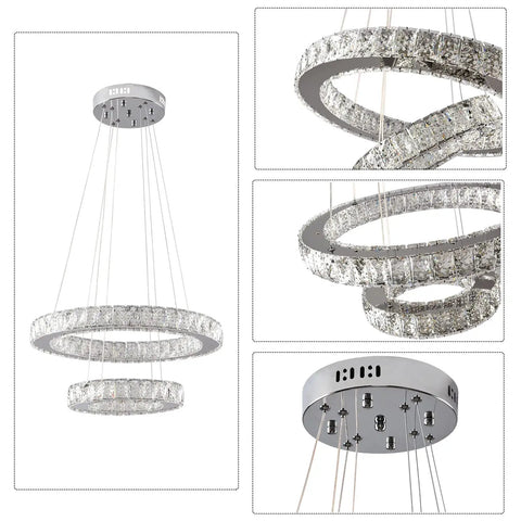Double Ring Crystal Chandelier Pendant Light With Adjustable Height, LED Ceiling Fixture, 38W, Multi Color LED, White Warm Natural Light, 19.49 And 11.61 Inch Diameters, DIY Flexible Cable Design