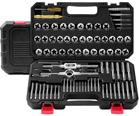 81 Piece Tap And Die Set For SAE And Metric Threads Rethreading Kit M3 To M12 And Four To One Half Inch Coarse And Fine Threads