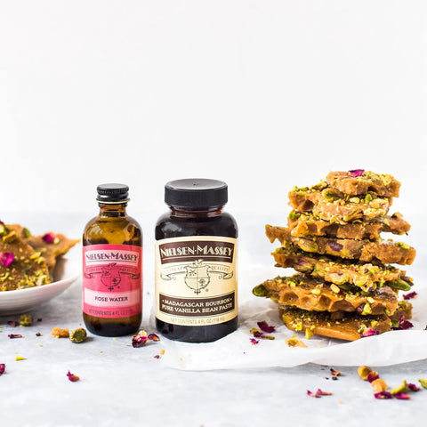 Madagascar Bourbon Pure Vanilla Bean Paste for baking, with rose water bottle and pistachio brittle, 1 gallon size