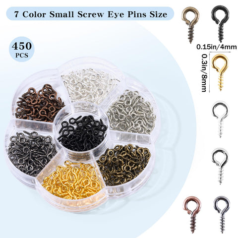 7 Color 450 Piece Eye Screw Pins Set Eight By Four Millimeter Tiny Eyelets For Jewelry Making in 7 sections tray