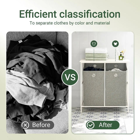 Before and after using two removable laundry bags laundry sorter with shelf for bedroom bathroom and laundry room no fuss storage