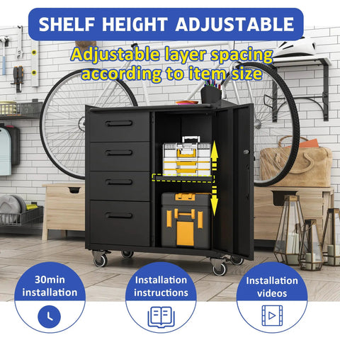 Heavy Duty Mobile Tool Storage Cabinet With Four Drawers And A Locking Door, On Wheels Tool Cart For Garage Or Workshop, Metal Storage Cabinet With Adjustable Shelf, Durable Rolling Tool Chest in workshop