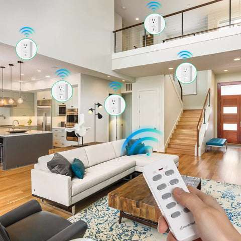 Hand using remote in living room to control Remote Control Outlet Set With Two Remotes And Five Outlets, No Fuss Wireless On Off Power Switch Kit