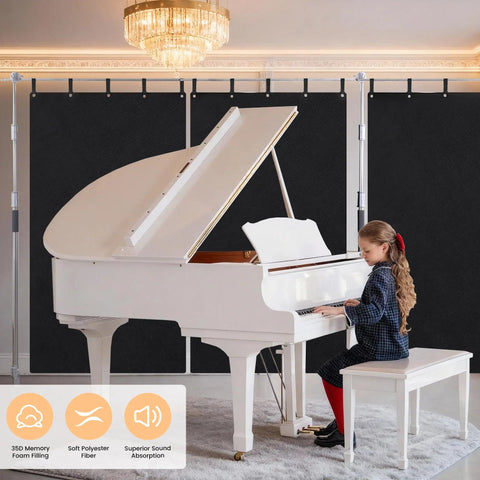 Heavy Duty Memory Foam Sound Dampening Blanket With Steel Grommets For Wall Hanging in a home studio with a grand piano.