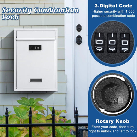 Outdoor Wall Mount Mailbox With 3 Digit Combination Lock, Weatherproof Drop Box for Mail, Donations, Ballots, White 12.4H 8.54L 3.35W