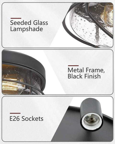 Close-up of 12 Inch 2 Light Farmhouse Flush Mount Ceiling Light With Seeded Glass Shade In Sand Black Finish, metal frame and E26 sockets.