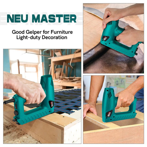 Using 2 In 1 Electric Staple Gun And Brad Nailer for light-duty upholstery and DIY home projects, safe contact trigger.