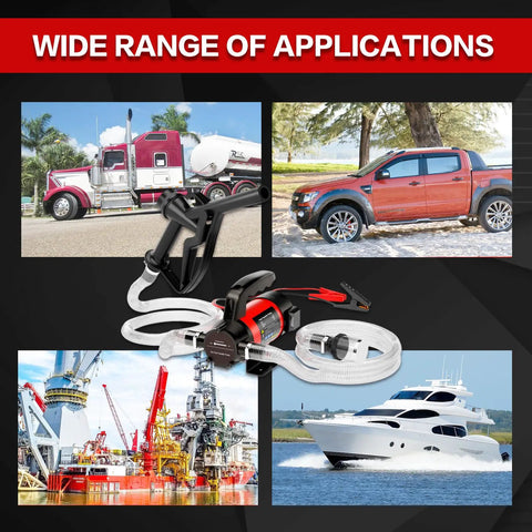 High Output Premium 12 Volt Electric Fuel Transfer Pump Moves 13 Gallons Per Minute With Straight Shooter Nozzle and durable hose for vehicles and machinery.