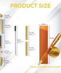Rock Solid 10 Pack Pen Kits For Woodturning Featuring Premium Gold And Silver Sliders Plus Faux Leather Caps And Genuine Black Ink Refills Lathe Turning Gear And Diy Woodworking Tools Gonna Give Your Creations That Pro Finishing Touch. Size chart showing measurements for pen kit components and faux leather cover.