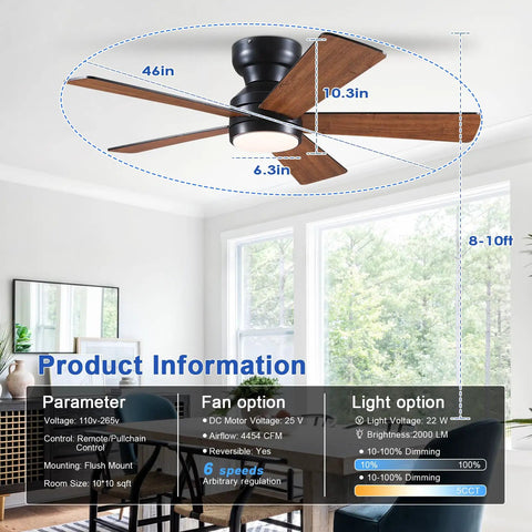 Ceiling Fans With Lights Flush Mount 46 Inch Low Profile Do It All Remote Controlled 5 Dual Sided Blades Reversible 6 Speeds