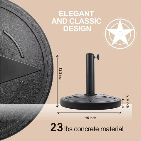 Weighted Patio Umbrella Base 23lbs Heavy Duty Outdoor Umbrella Stand in HDPE and Concrete with dimensions shown