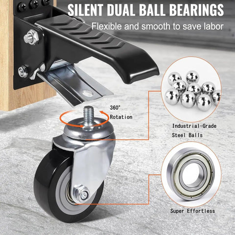 Silent dual ball bearings on Heavy Duty Retractable Workbench Caster Wheel Set for smooth 360° rotation over concrete.